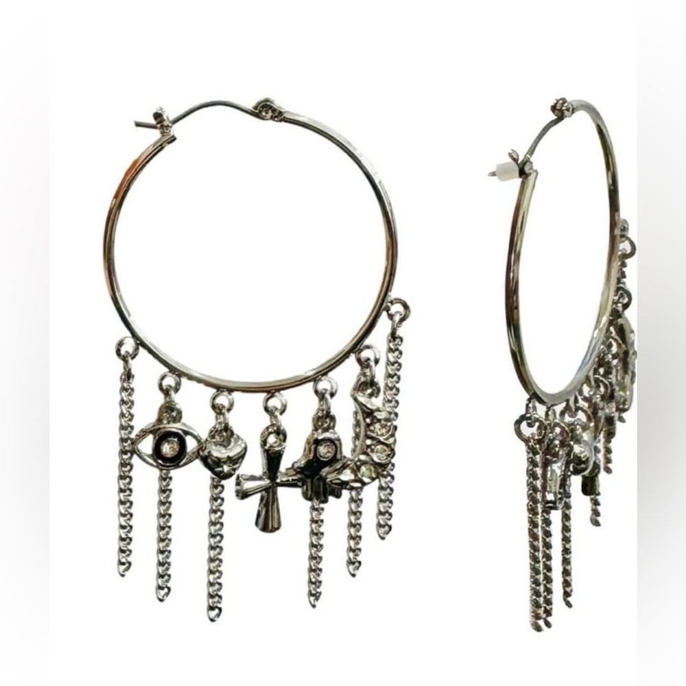 No Boundaries Silver Charm Hoop Earrings Evil Eye Cross Moon Hamsa Heart NWT